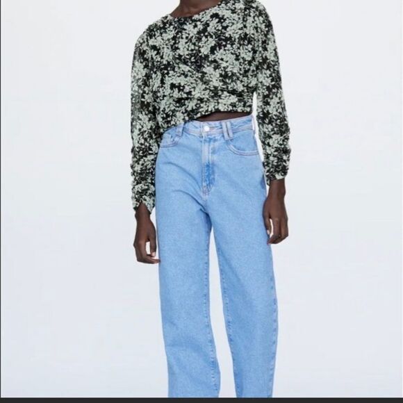 Zara Cropped Floral Long Sleeve Blouse Black Grey Size Small - Picture 7 of 8